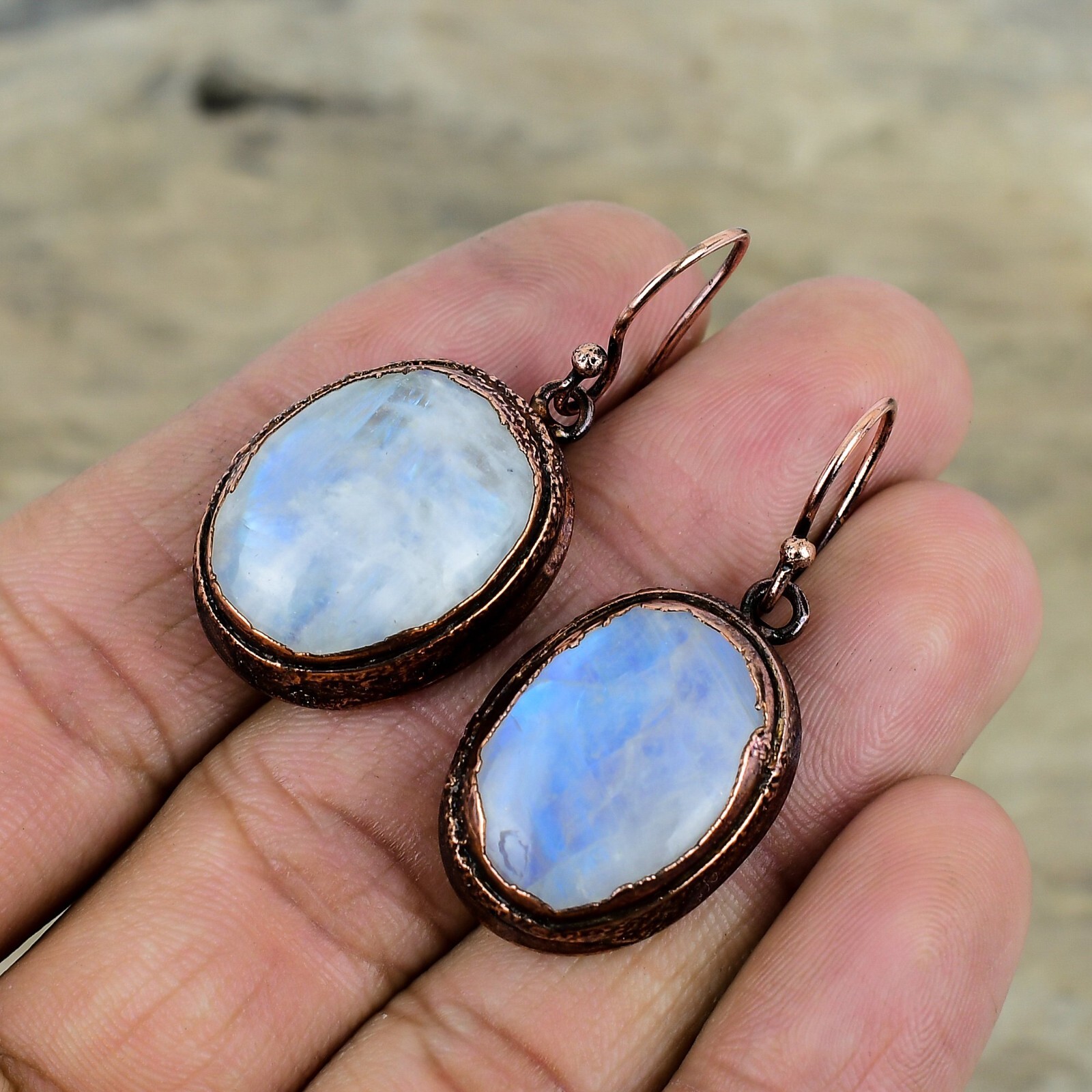 Rainbow Moonstone Copper Valentine Gift Electroformed Drop/Dangle Earrings 1.77″