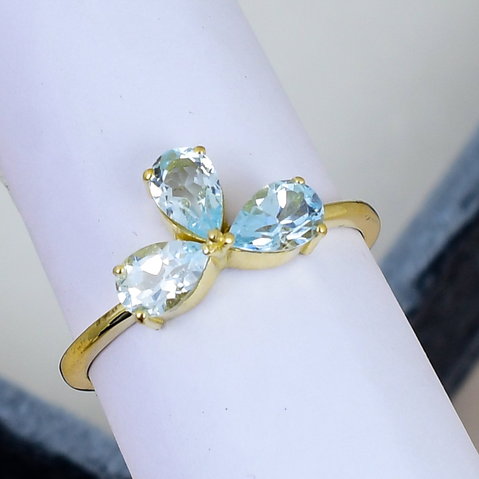 Blue Topaz Three Stone 18K Gold Plated Ring Pear Promise Gift for Her Jewelry