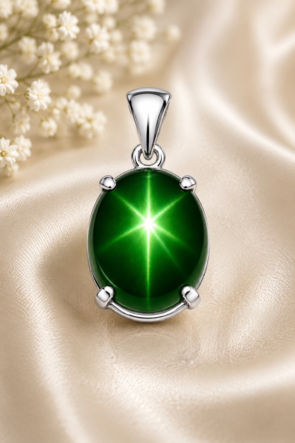 10CT Natural Green Star Sapphire Pendant | Sterling Silver Oval Star Sapphire