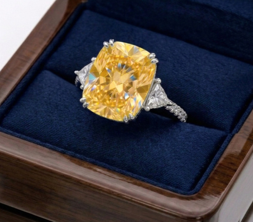 RARE 8.00 Ct Certified Cushion Cut Yellow Natural Diamond Ring White Gold Finish