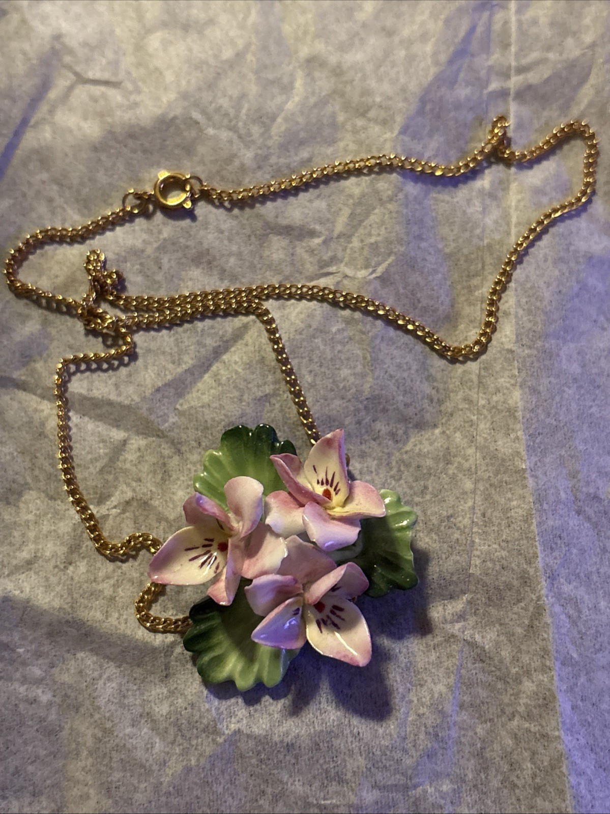 Vintage CARA China Freesia Flower Pendant On A Gold-Toned Staffordshire Necklace