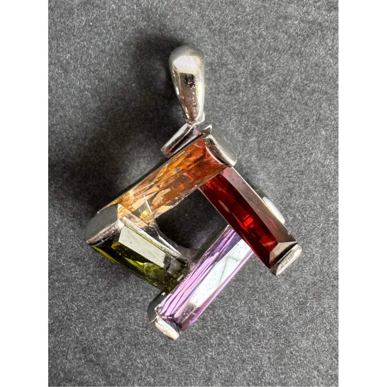 Vintage Sterling Silver Crystal 3D Pendant Colorful Geometric Necklace