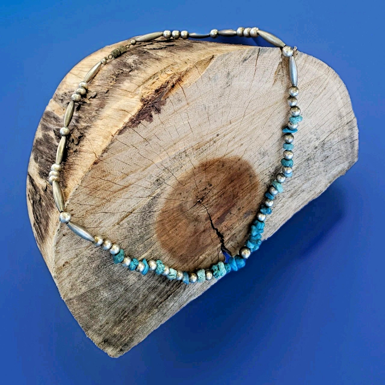 Original NATIVE VINTAGE NAVAJO TURQUOISE STERLING SILVER Beads NECKLACE 21″ INCH