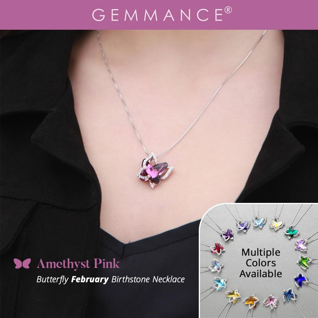 Elegant Butterfly Birthstone Crystal Necklace for Women – Silver Tone Pendant Je