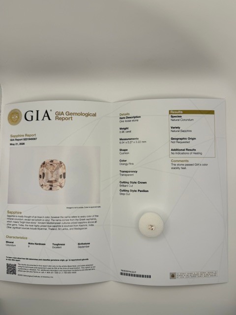Natural No‑Heat Padparadscha Sapphire 0.97ct – GIA Certified, Eye Clean Cushion