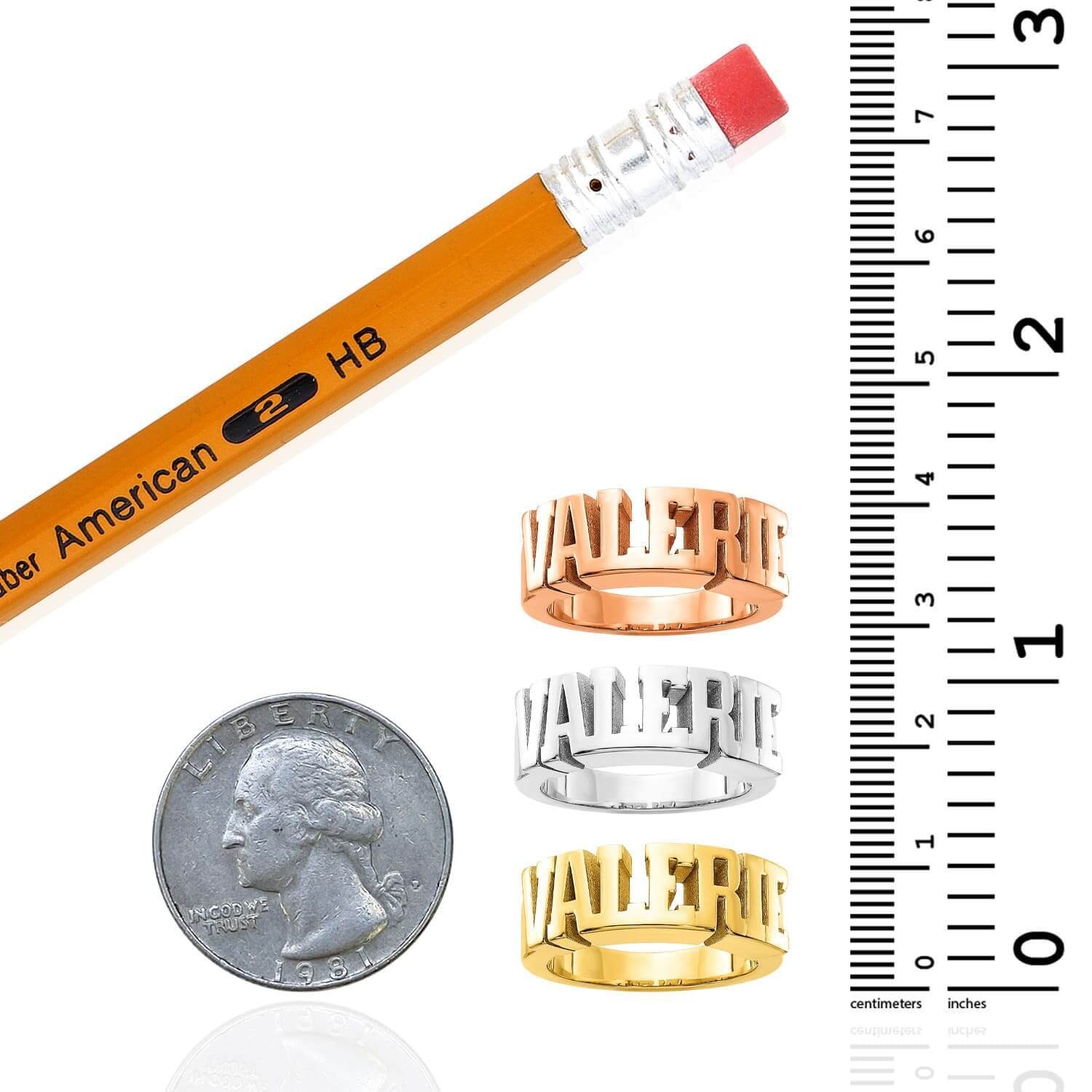 Personalized 14K White Gold Rose Custom Bold Block Name Ring