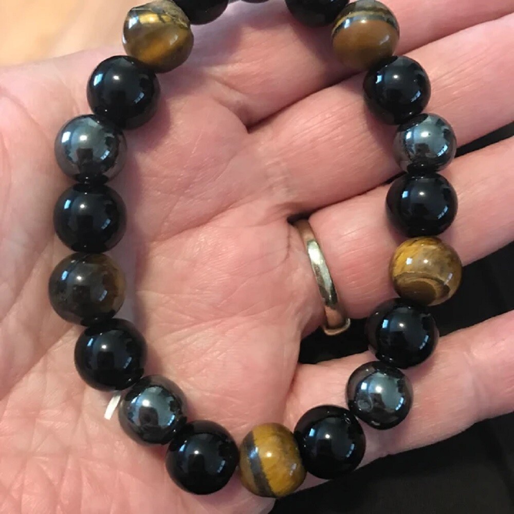 Natural Tiger’s Eye Obsidian Hematite Stone Beaded Bracelet for Strength Balance