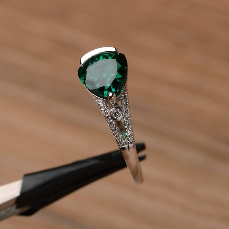 2Ct Trillion Lab Created Emerald Wedding Engagement Ring 14k White Gold Plated