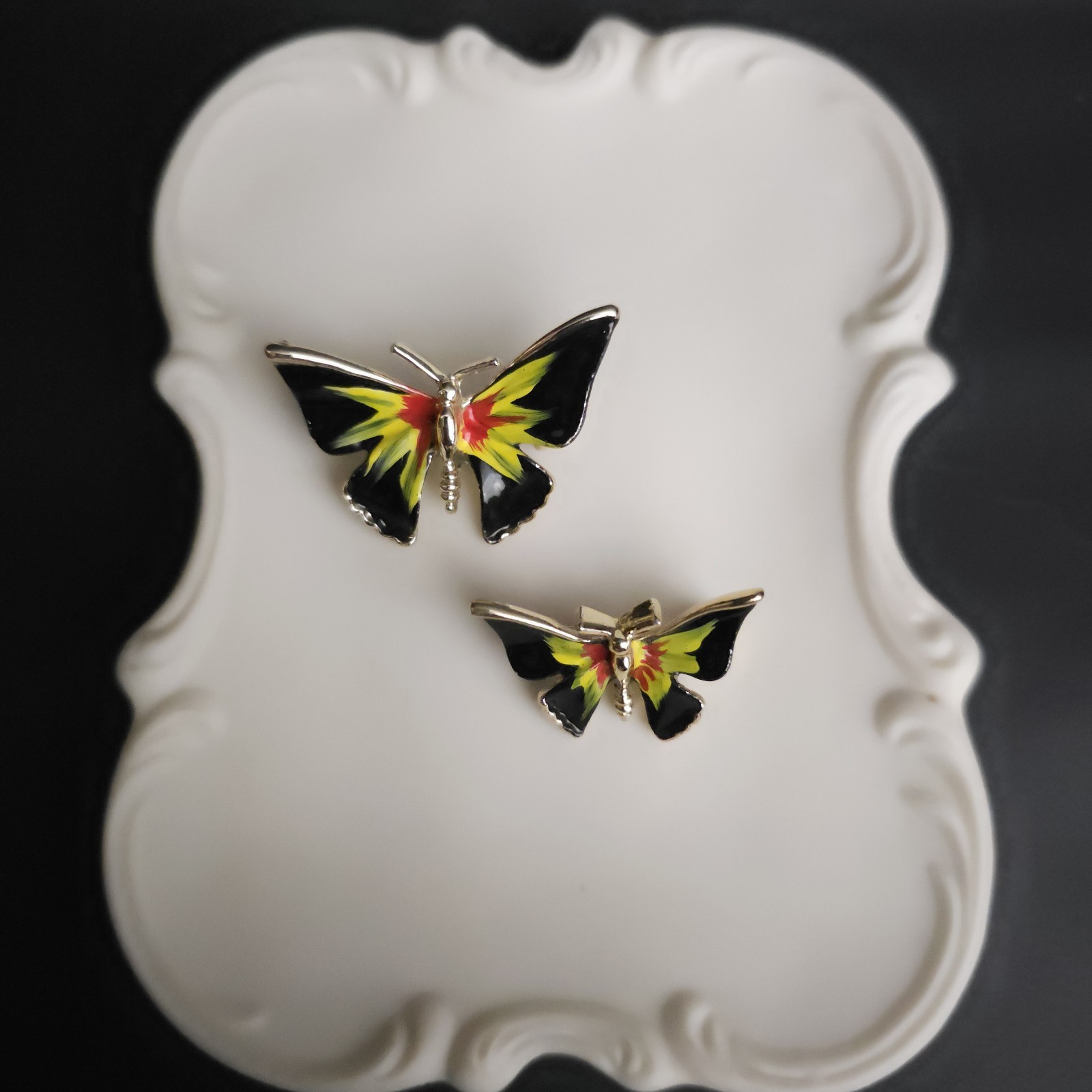 Vintage Black Yellow Red Enamel Butterfly Scatter Pins Brooch Set 2 Whimsy Fairy