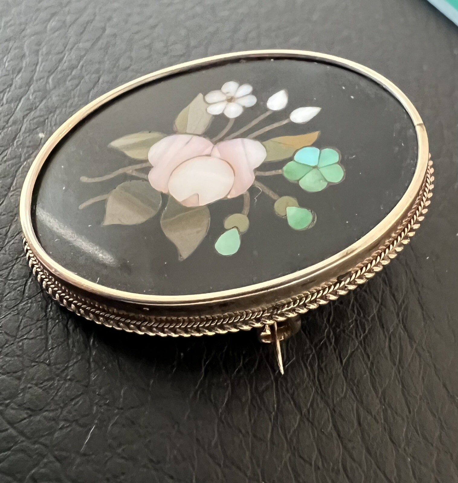 Vintage Antique Italian Pietra Dura Inlay 14k Yellow Gold Brooch Pin Flowers