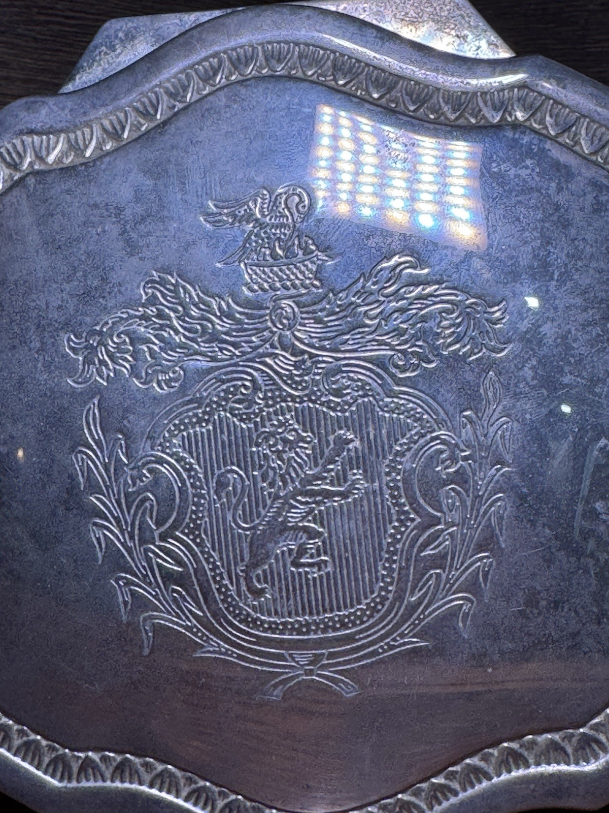 Vintage International Silver Company Coat Of Arms Jewelry Box w/ Red Velvet 