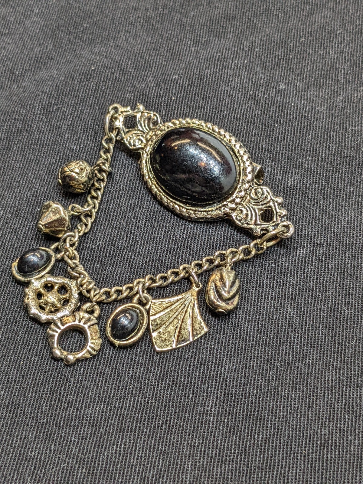 Vtg Victorian Revival Dangle Charm Brooch Black Cabochon Bronze Tone Emo Gothic