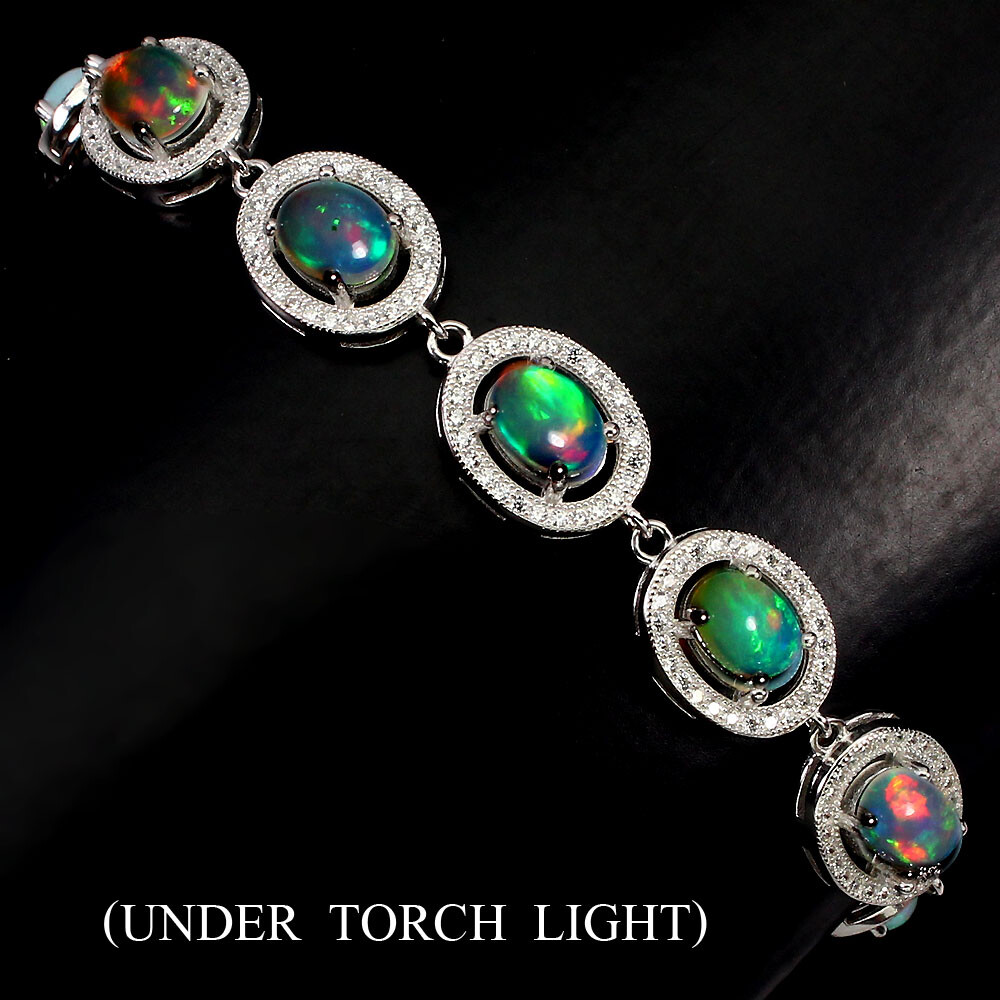 Unheated Oval Rainbow Fire Opal 7x5mm Cz 925 Sterling Silver Bracelet 9 Inchrs