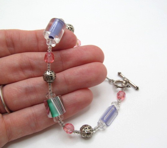 Artisan 925 Sterling Silver Pink Green Purple Filigree Ball Bracelet 8.25 In