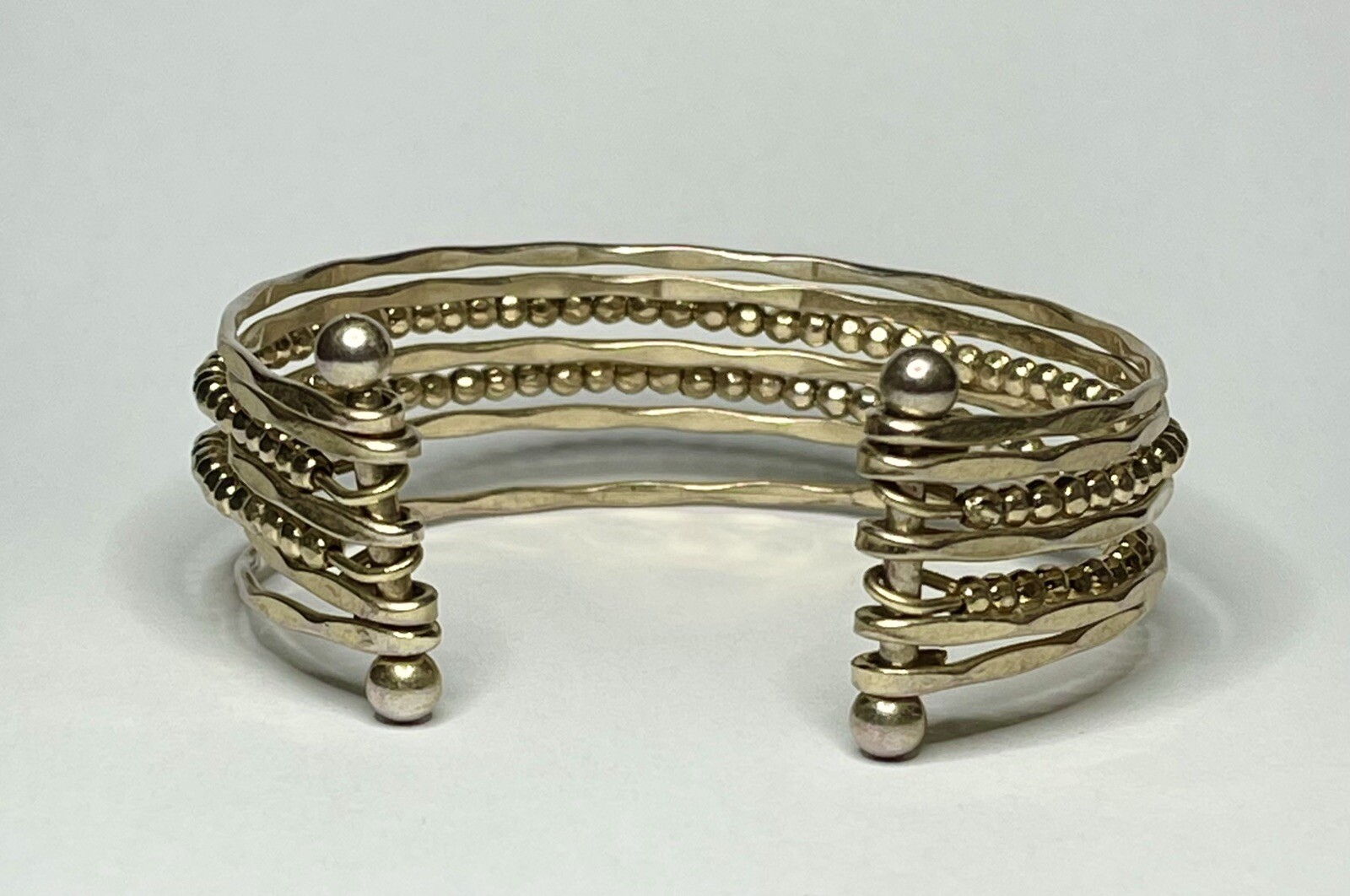 Gold Plate Various Strand Cuff Bracelet Connected With Bar Textured Solid Beaded
