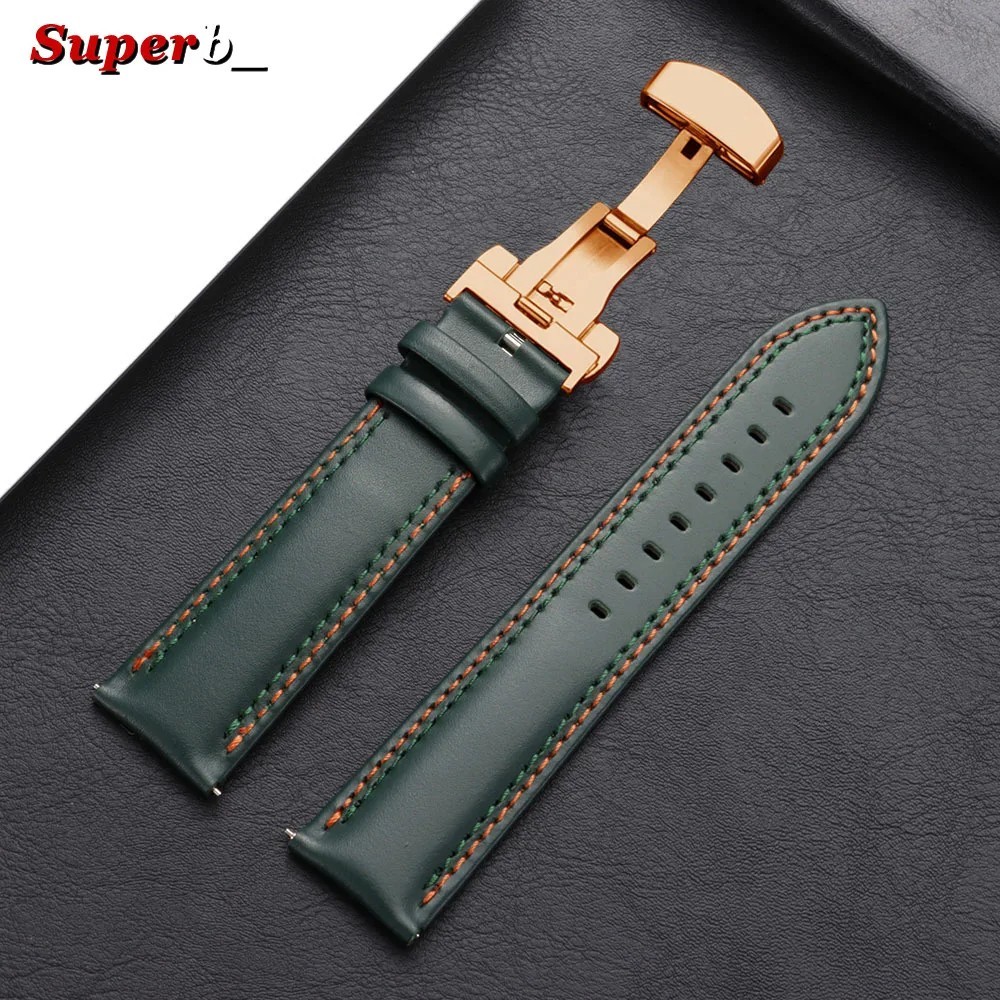 Genuine Calfskin Leather Watch Band 20mm 22mm 24mm Butterfly Buckle Strap