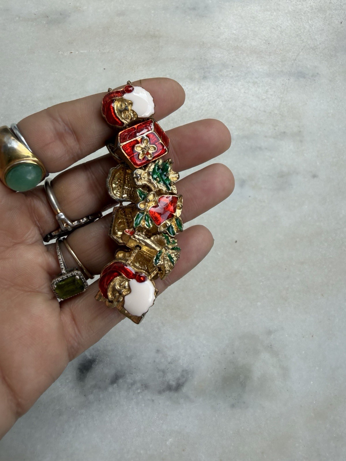 Gold Tone Enamel Christmas Holiday Charm Bracelet Red Green White Box Clasp