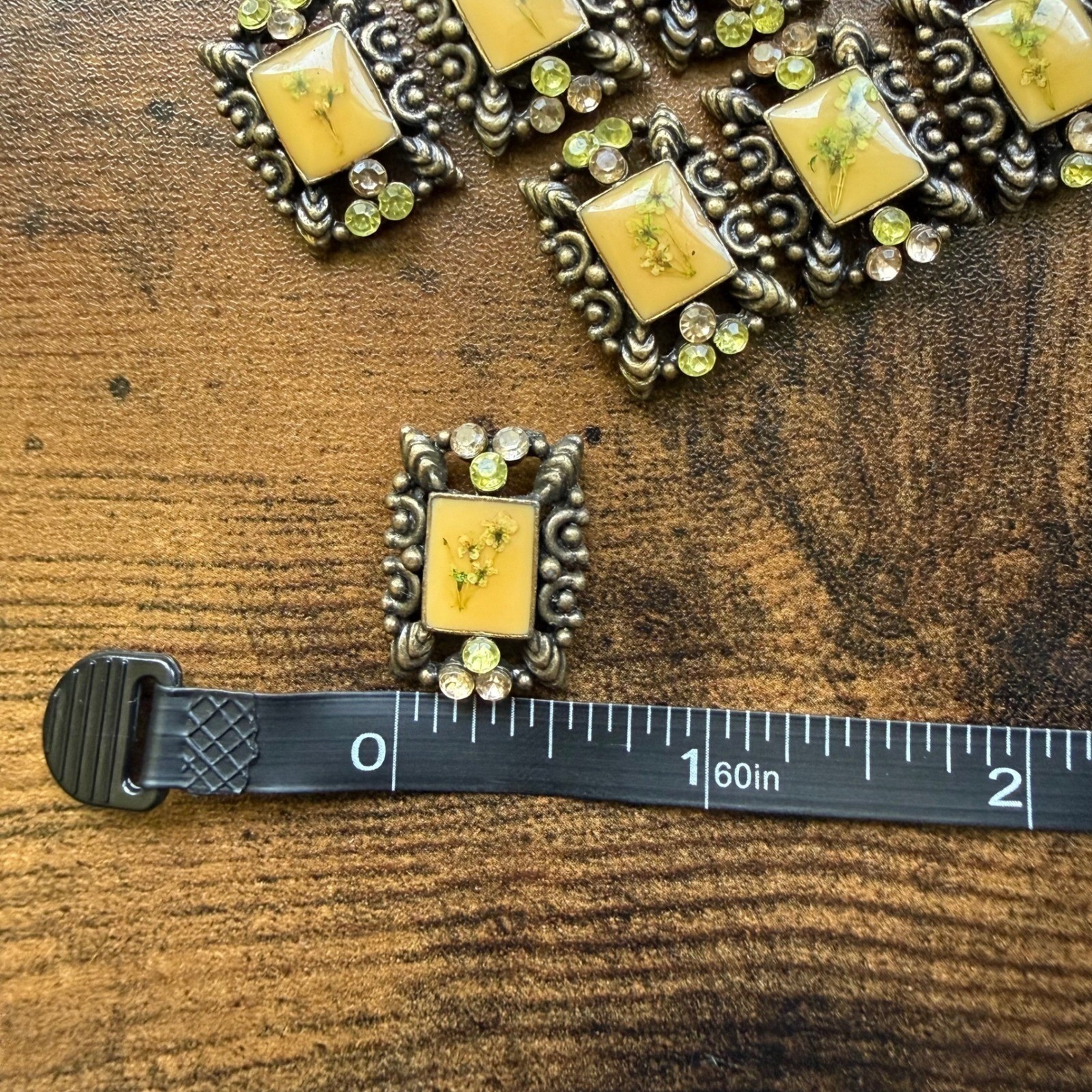 Lot 9 Vintage Ribbon Slide Brooches Dried Pressed Flower Resin Rhinestone