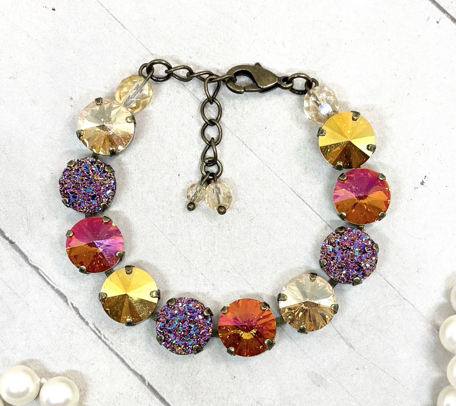 Brass Plated Orange Glitter Cup Chain Bracelet made with Metallic Gold Crystals
