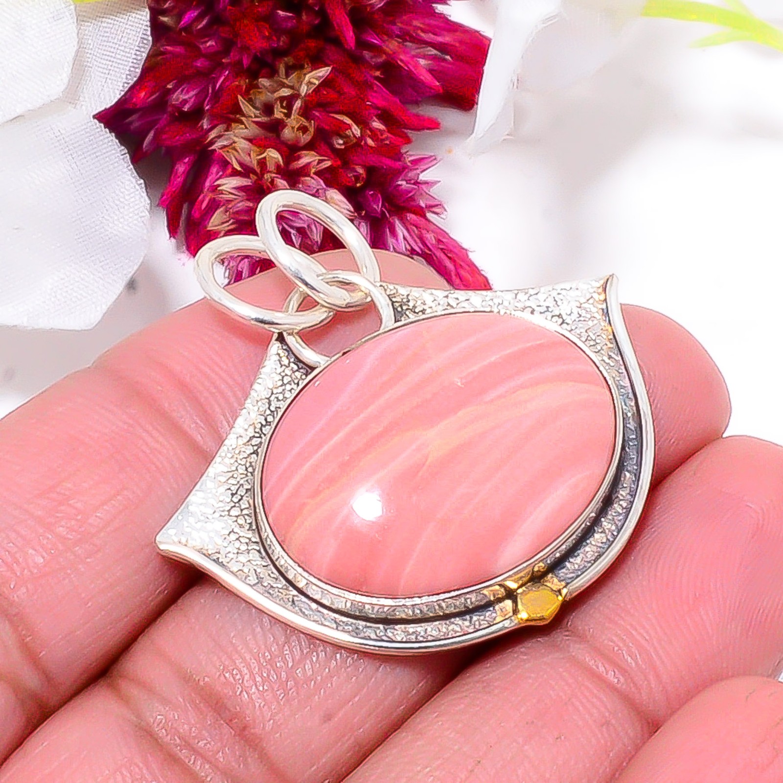 Pink Opal – Australia 925 Sterling Silver Two Tone Designer Pendant 1.48″ Sku58