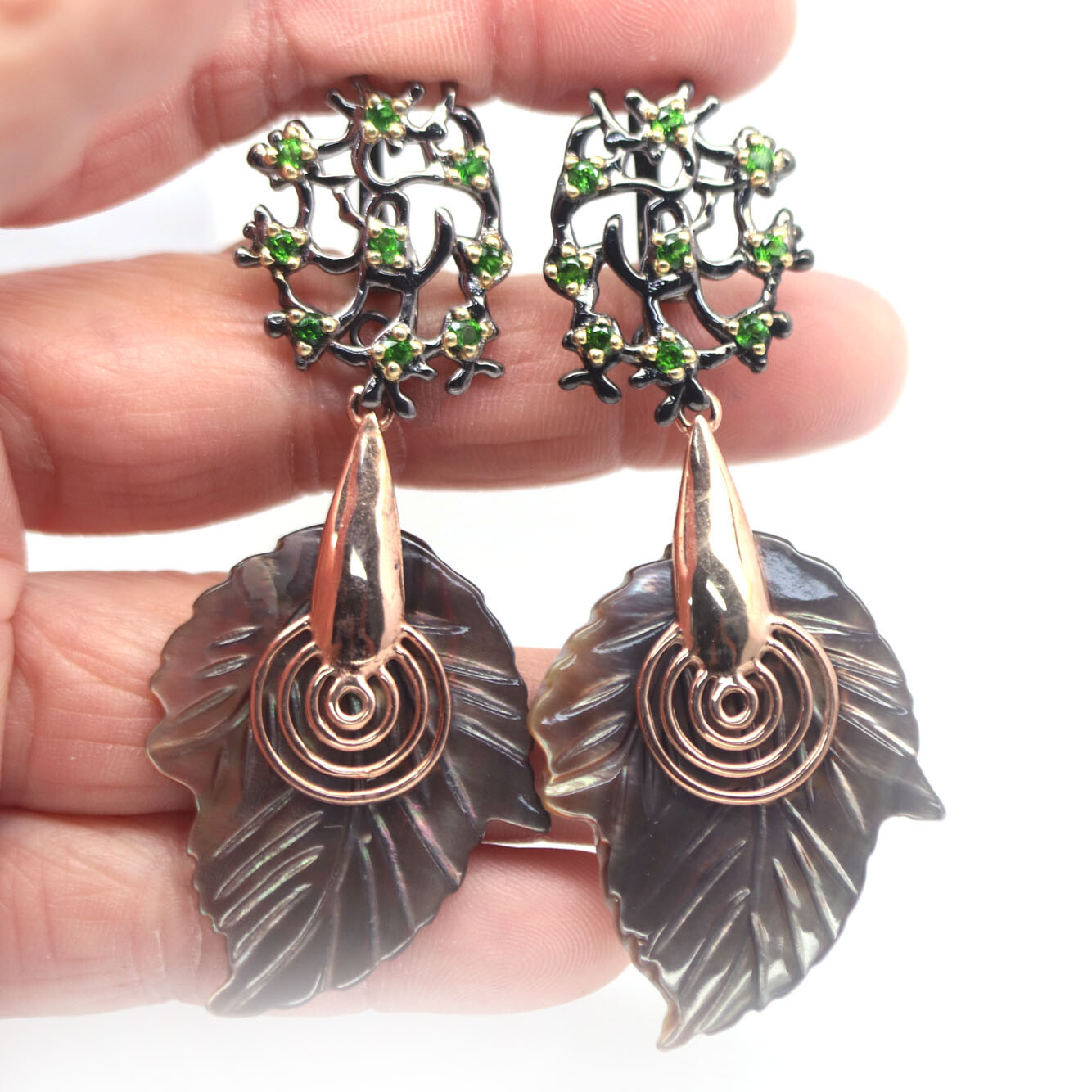 Gray Mother Of Pearl Chrome Green Diopside 925 Sterling Silver Drop Earrings