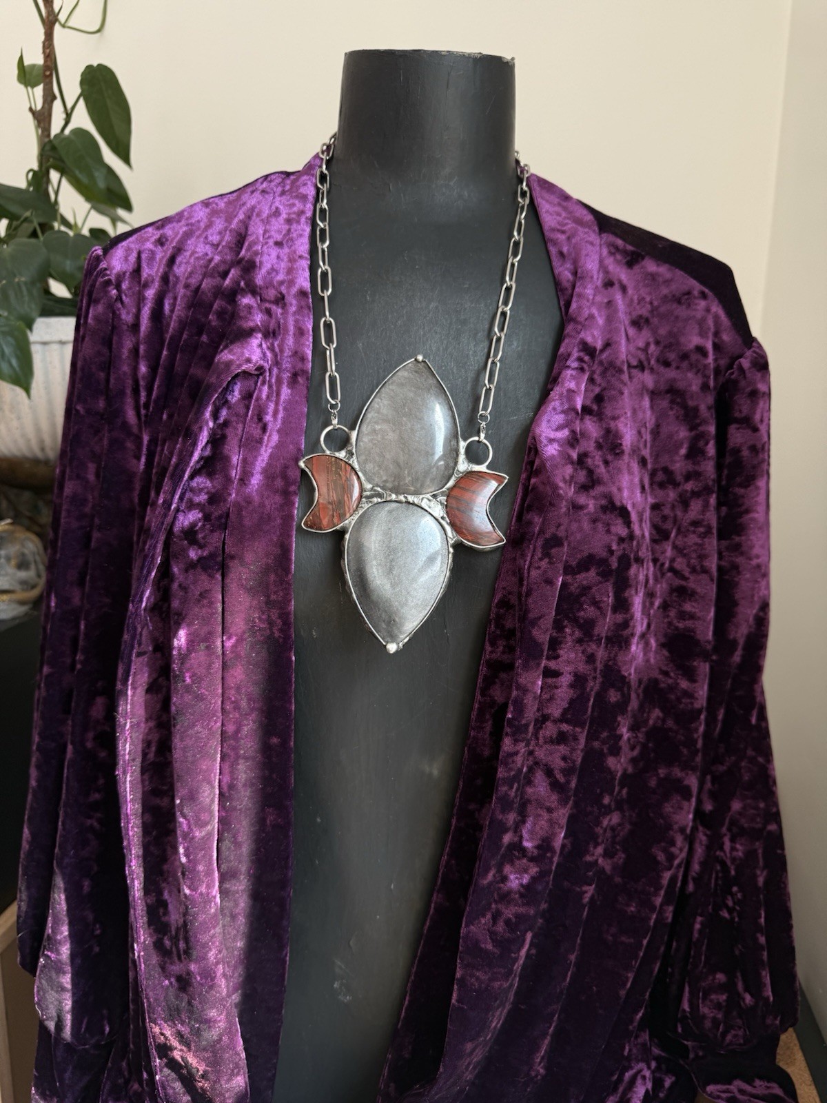 Obsidian Jasper Crystal statement necklace pendant chunky jewelry southern goth