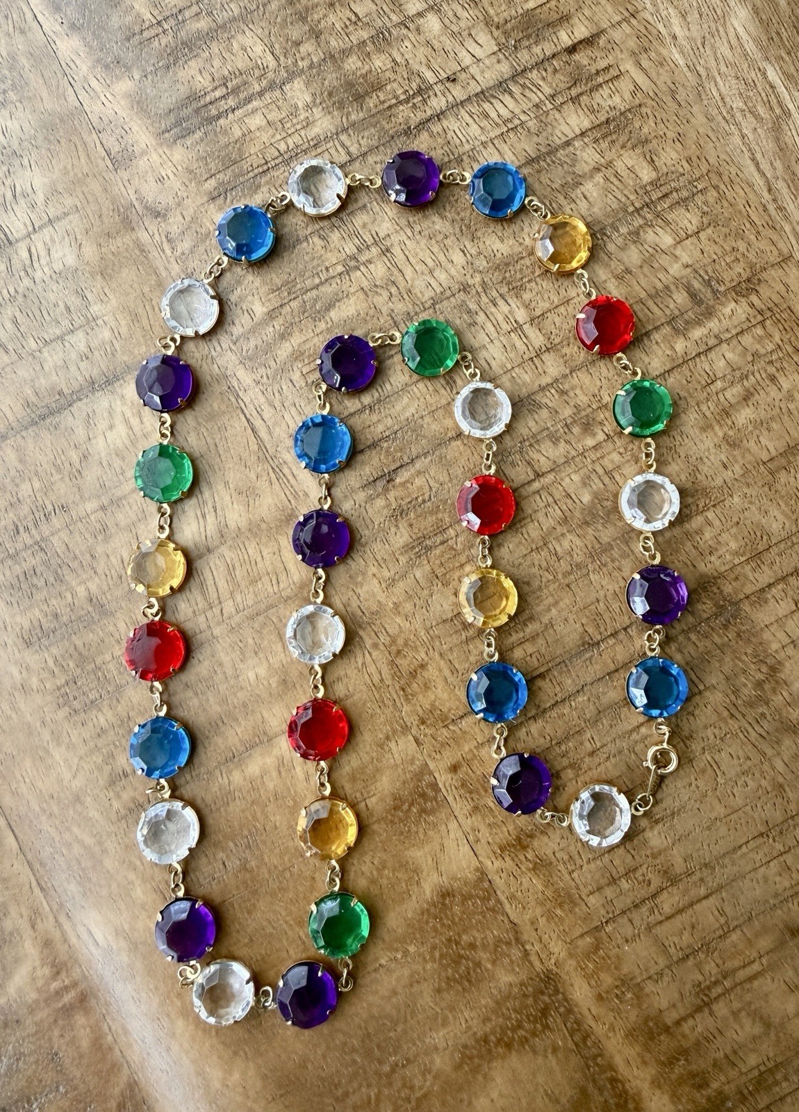 Vintage Multi‑Color Faceted Glass Bezel Necklace, Korea Marked, 1970s–1990s