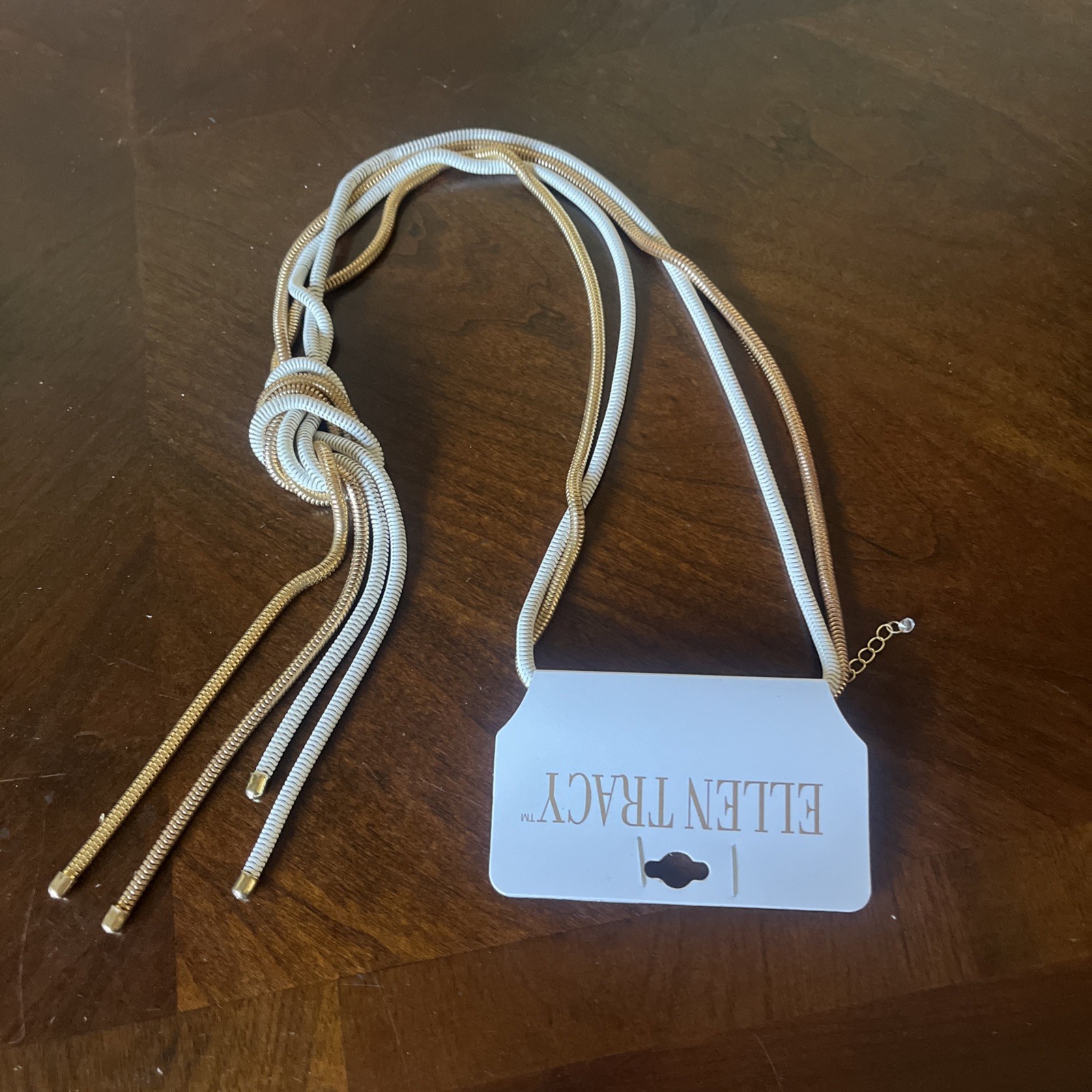 New ELLEN TRACY Gold Tone And White Tassel And Knotted Metal Necklace $45