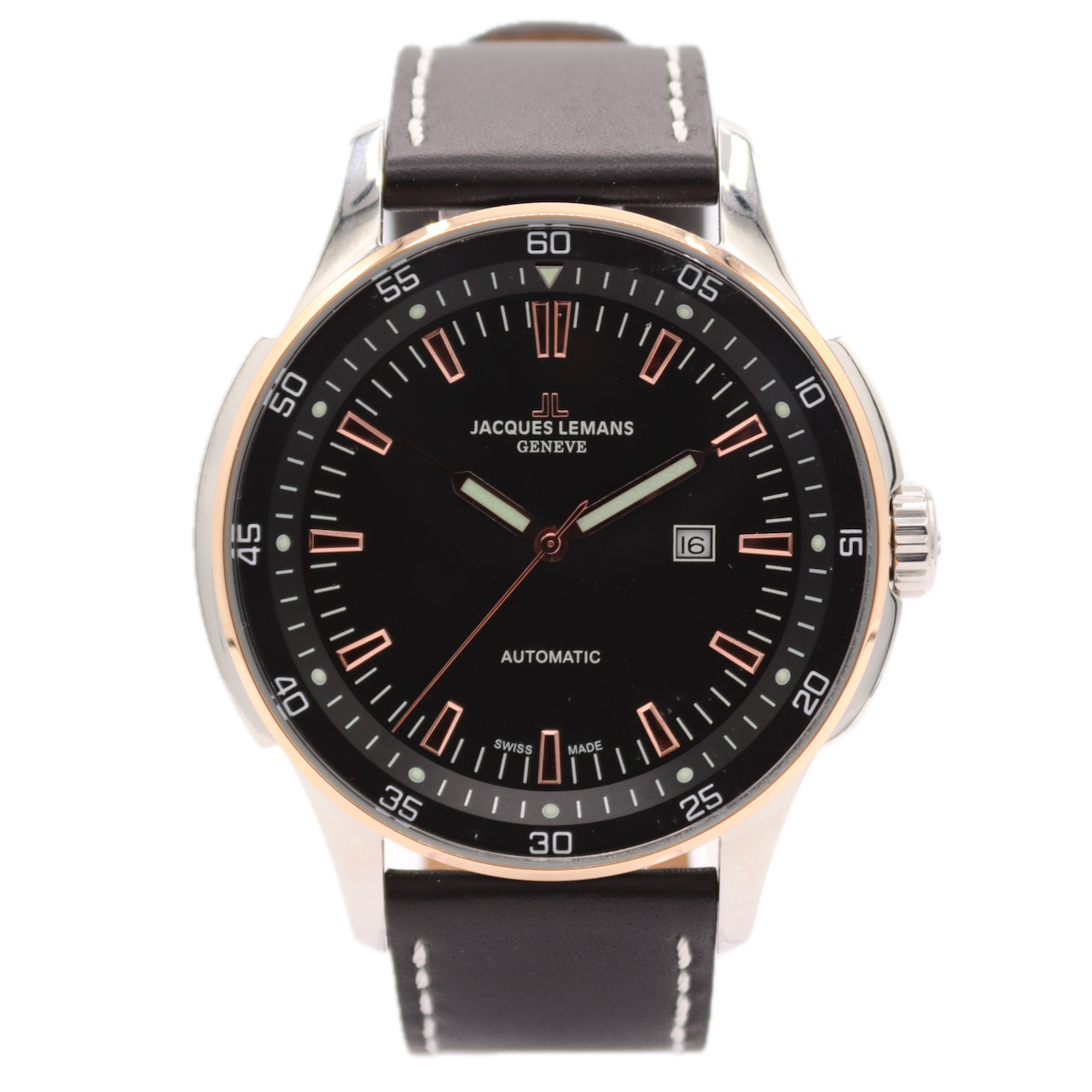 NOS 50mm Jacques Lemans Geneve G-229C Black Dial Date Automatic Two Tone Swiss