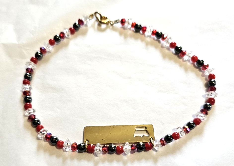 Red, Black, Crystal Beaded Anklet – with Golden PRINCESS Plaque- 10 1/2″