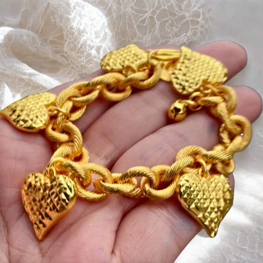 Bracelet Rope Chain 24K Gold Plated Heart Charm 5 Baht 6.5-8.5 in Jewelry Women