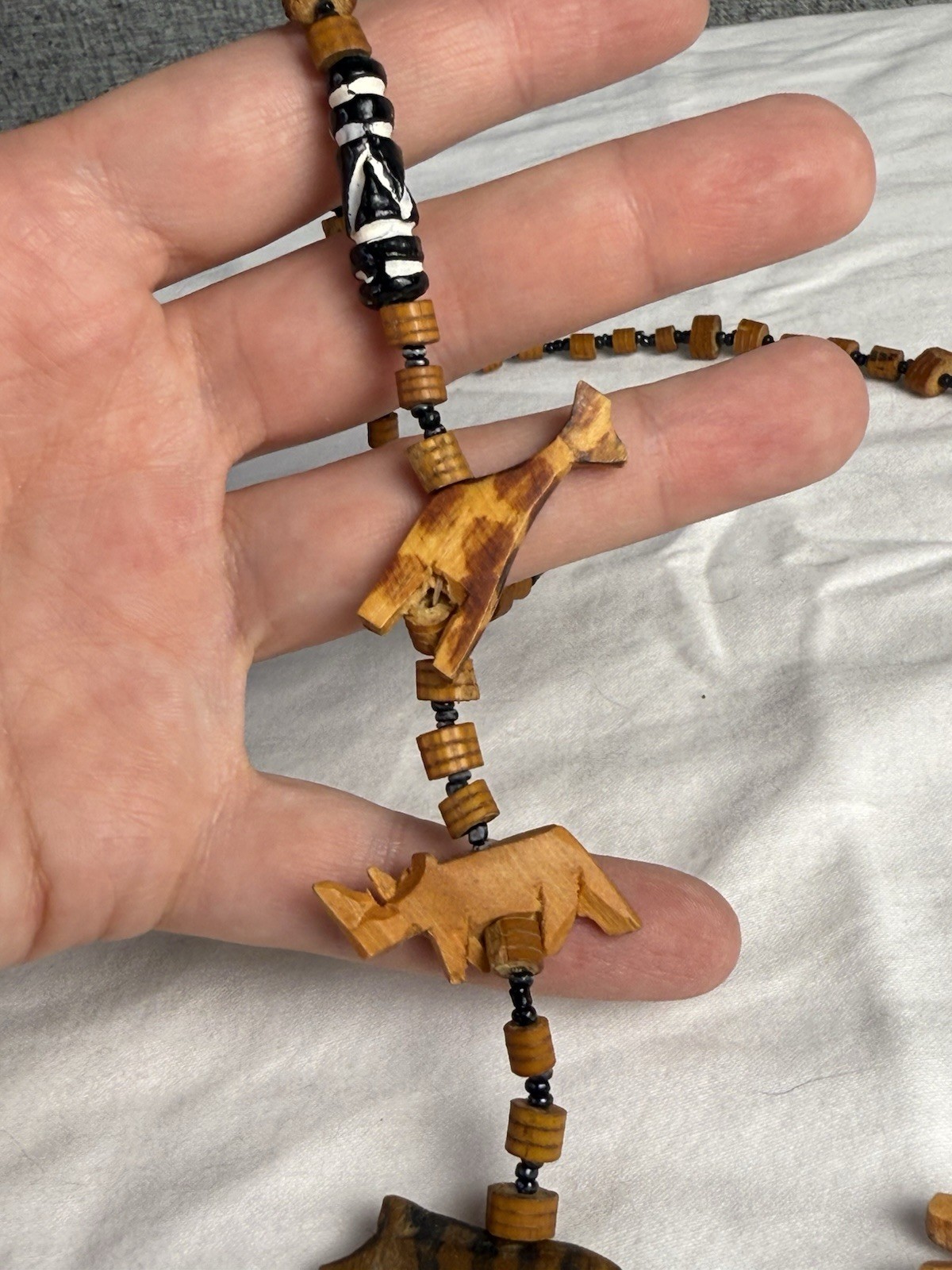 Vintage African Maasai Safari Necklace Hand Carved Wooden Animal Beaded