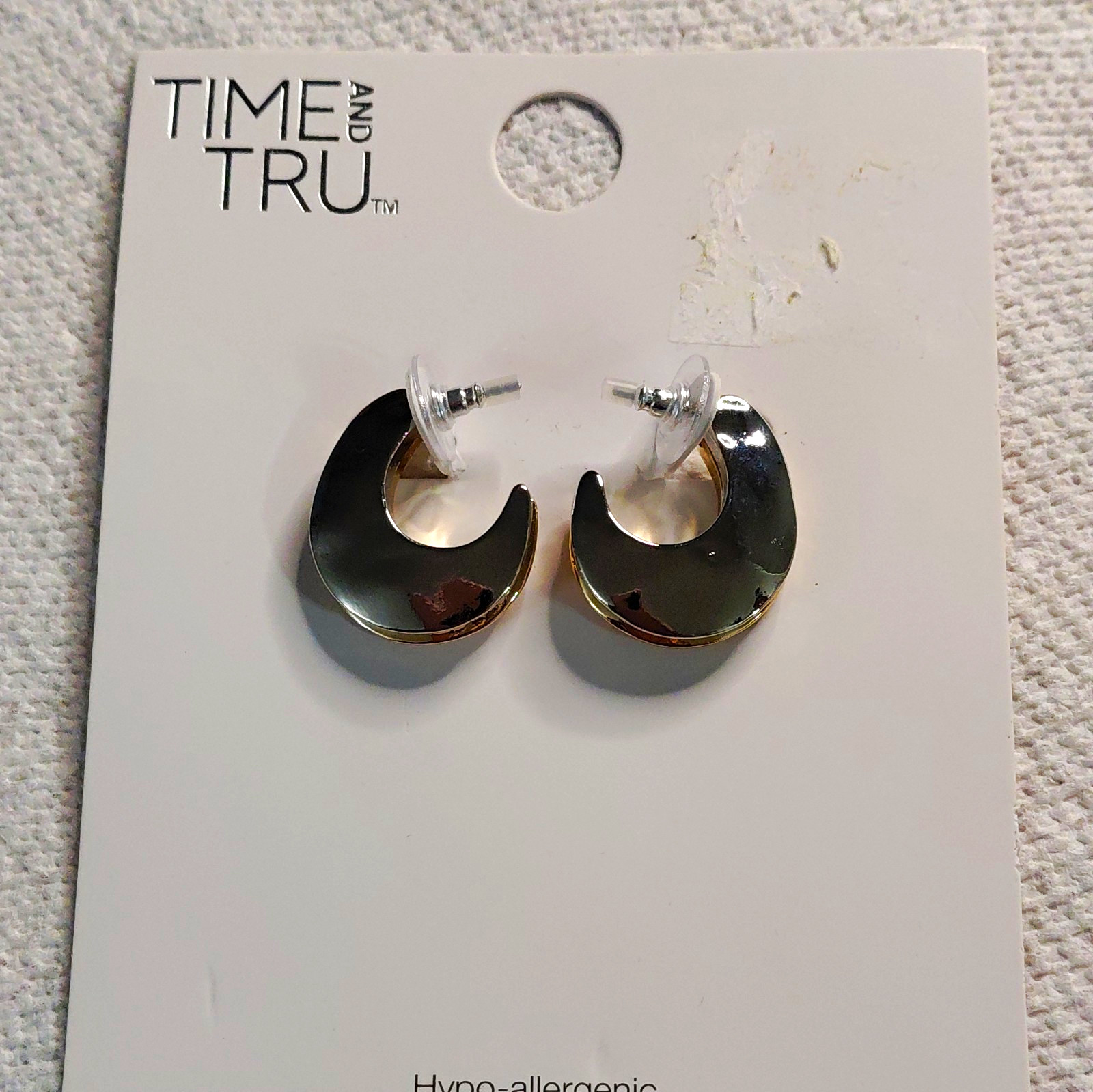 Time and Tru Silver Tone Half Hoop Huggie Stud Earrings, Butterfly Closure
