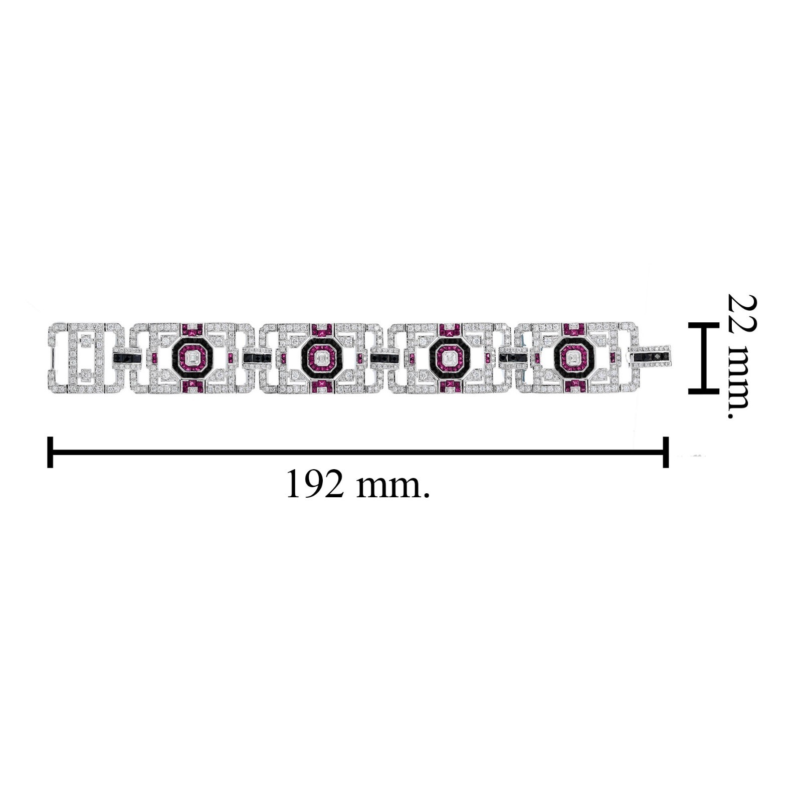 18K White Gold Diamond Ruby Onyx Art Deco Geometric Link Bracelet