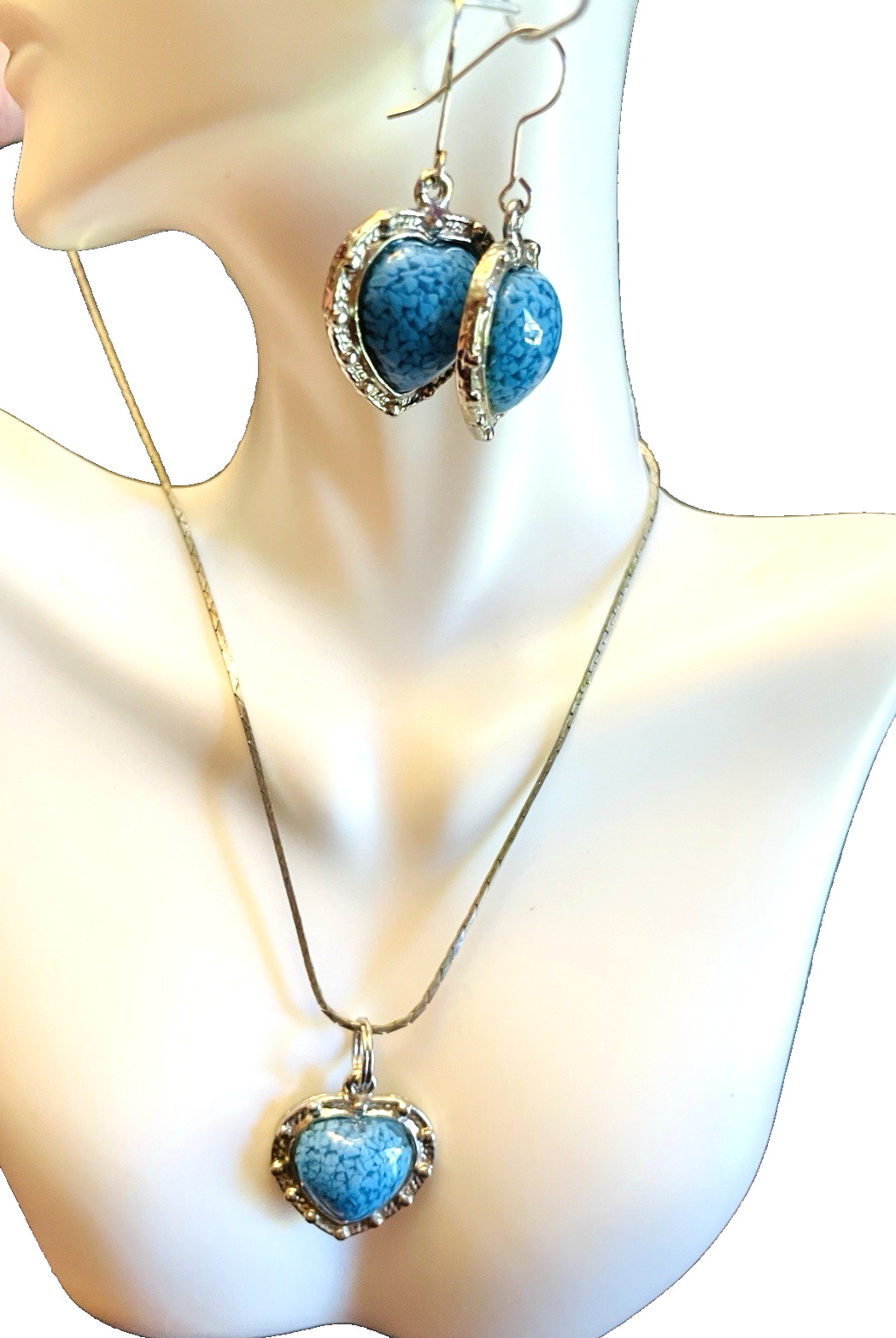 Faux Turquoise Necklace Cabochon + Pierced Earrings in Heart Motif Jewelry Set