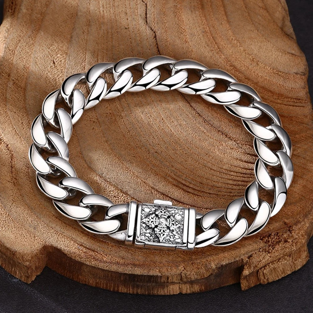 Pure S925 Sterling Silver Chain Vajra 11mm Curb Link Bracelet 7.9in 44-45g
