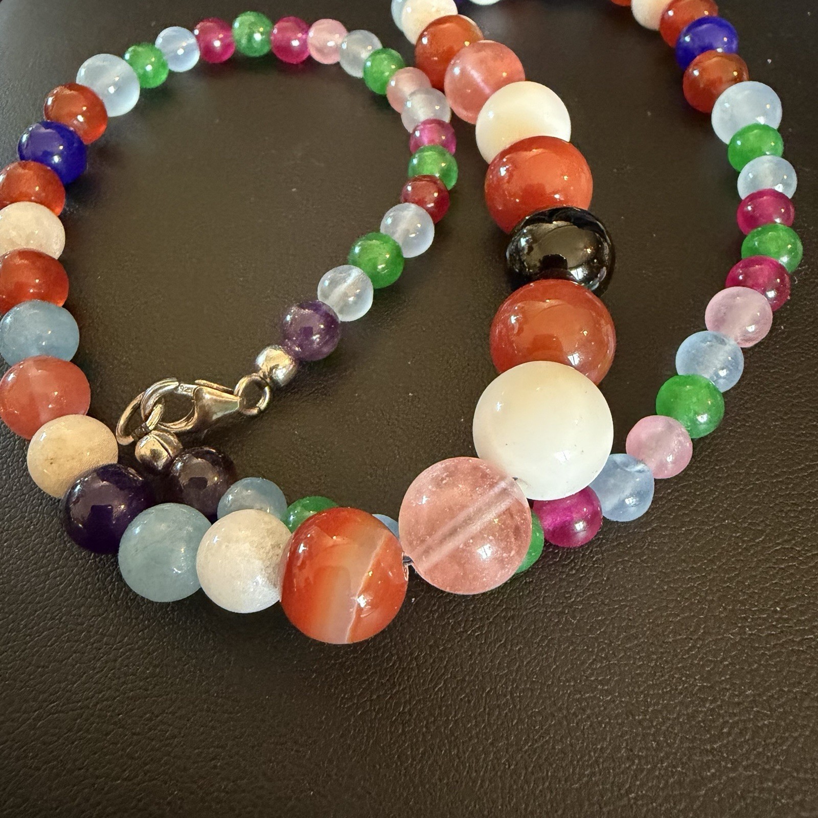 Natural Gemstones Round Smooth Bead Necklace 18” Sterling Silver 45 grams