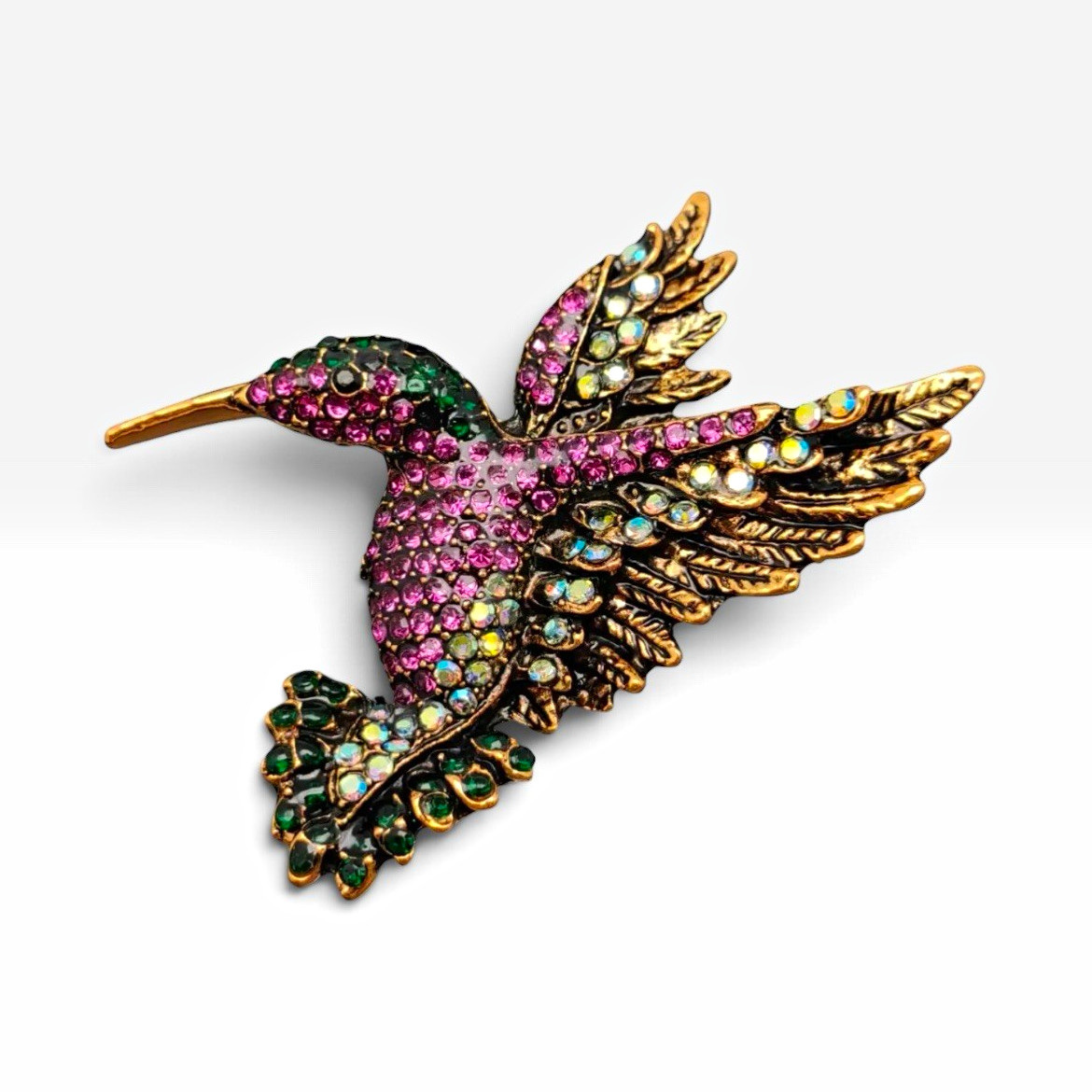 Hummingbird | Rhinestone Brooch | Gold Tone Metal |Purple, Green, AB Crystals