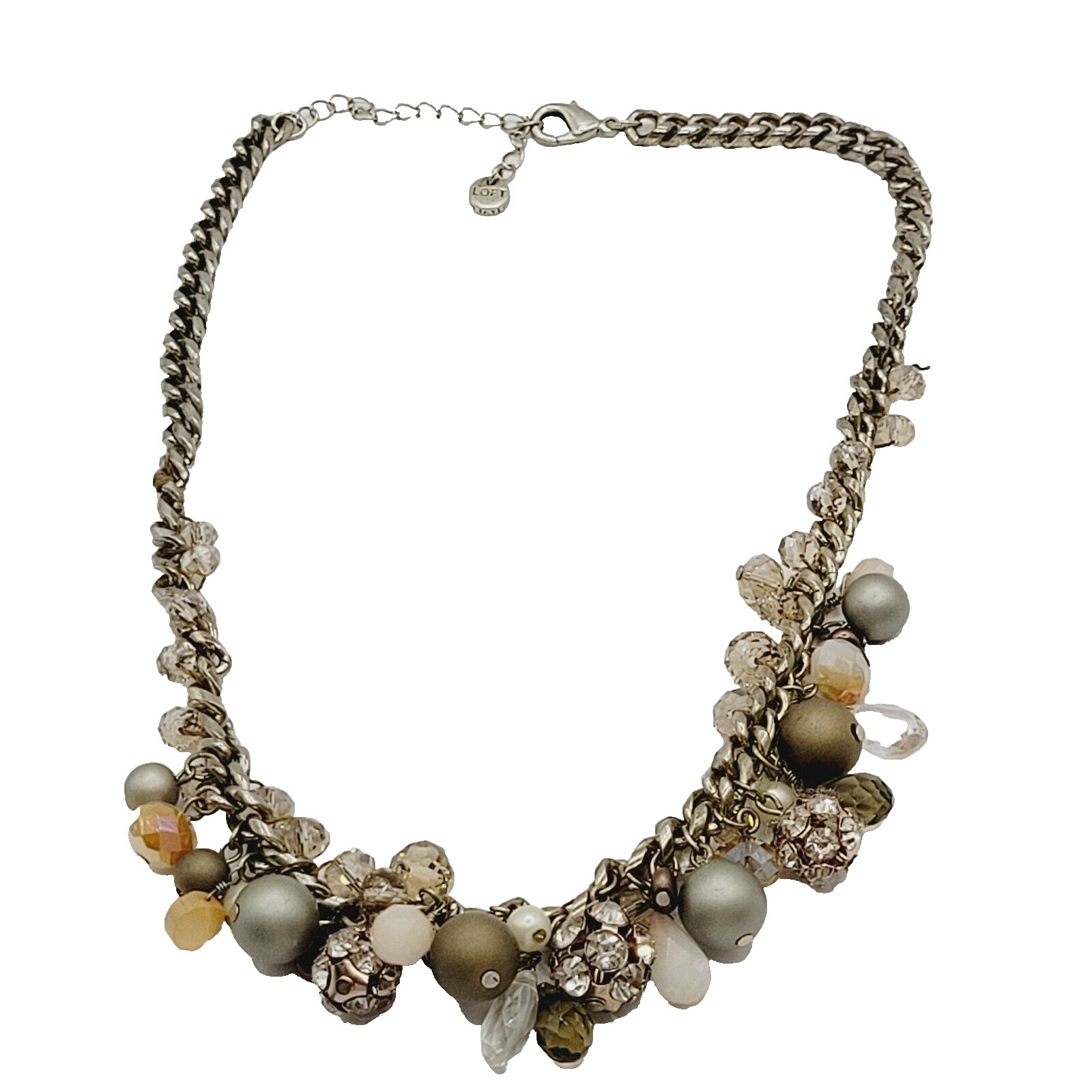 Loft Ann Taylor Sparkling Multi Bead Shape Silver Tone Cluster Necklace Signed
