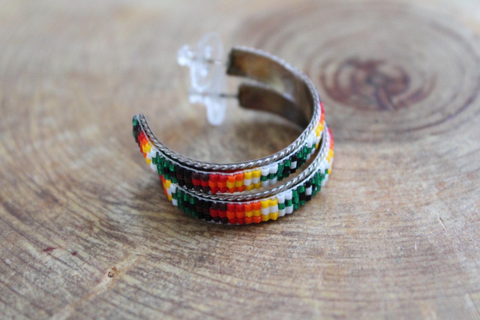 Sterling Silver, Green, Orange, Yellow Seed Beads HOOP Earrings by L Navajo