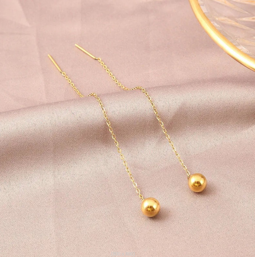 Minimalism Gold Threader Tassel Earrings Stainless Steel Tiny Ball 2″ Chain PE9