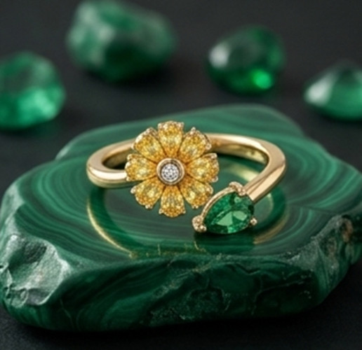 3ct Pear Simulated Green EmeraldCz Sunflower Bypass Ring 14k Rose Gold Plated