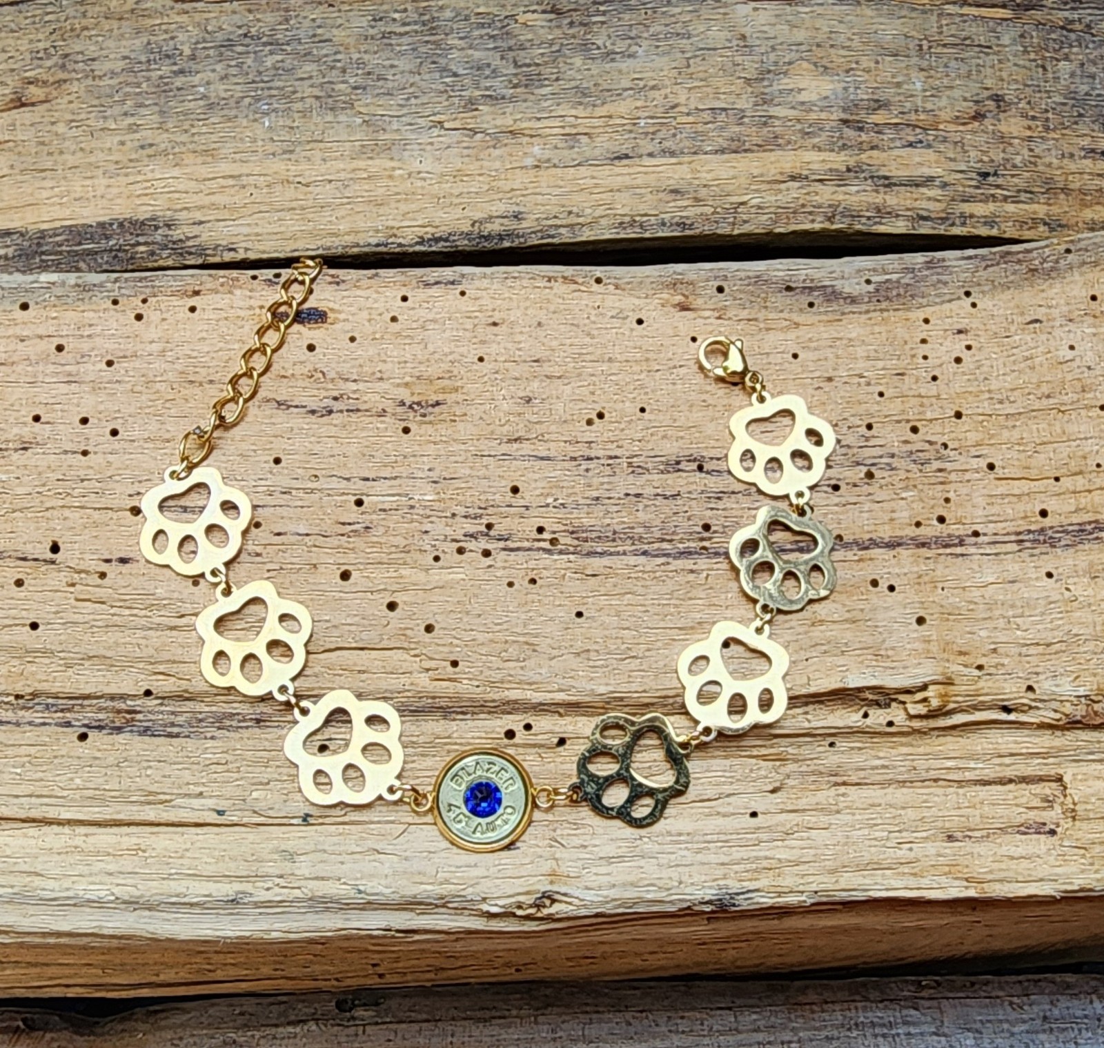 Bullet Anklet, Gold Stainless Steel Puppy Paws and 45 Auto. Optional Crystal.