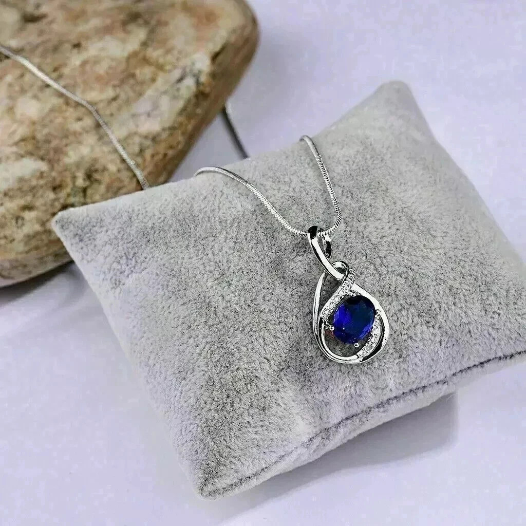3Ct Oval Cut Lab Grown Blue Sapphire Pendant Necklace 14K White Gold Plated