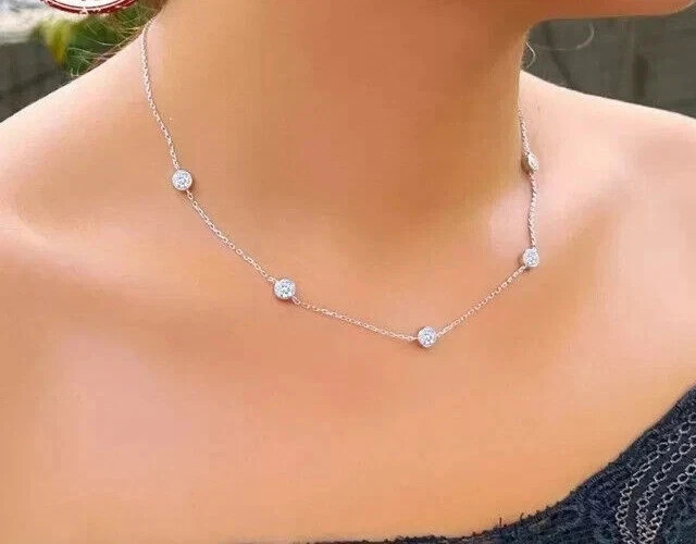 14k White Gold Round Moissanite By The Yard Bezel Station Necklace 18″