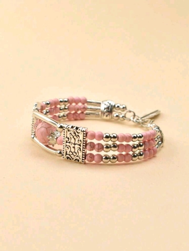 Silver-Plated Zinc Bangle Bracelet With Pink Turquoise Beads