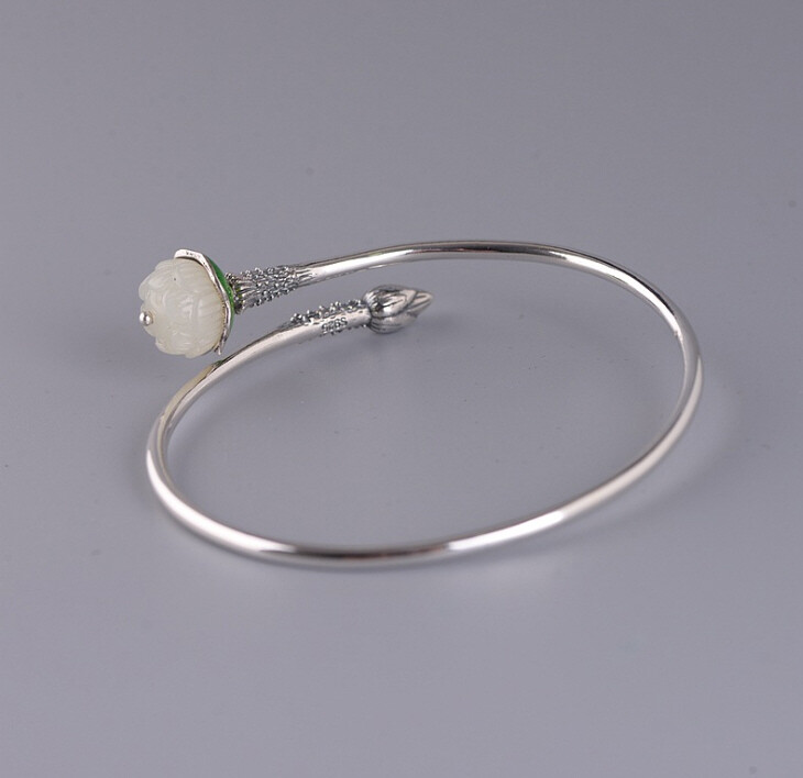I05 Bangle Silver 925 with Lotus Flower and Bud White Jade Cloisonne