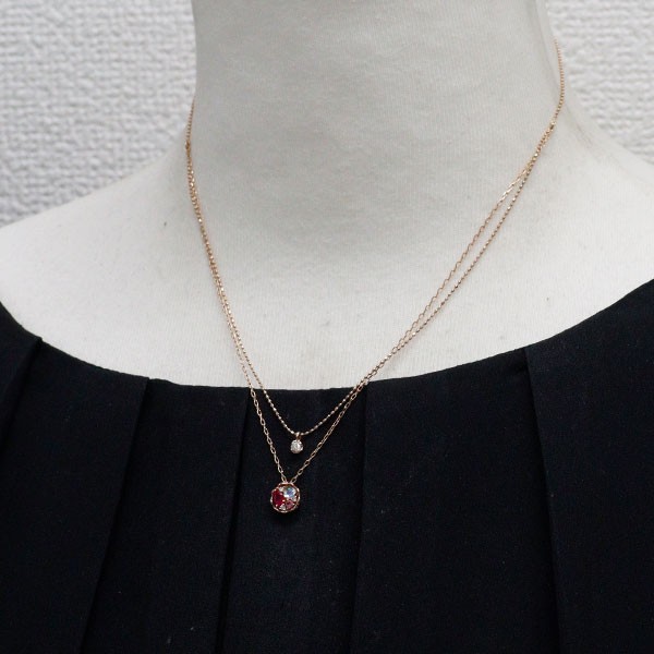 K10PG ruby pink tourmaline moonstone diamond pendant necklace D0.08ct 2 rows – A