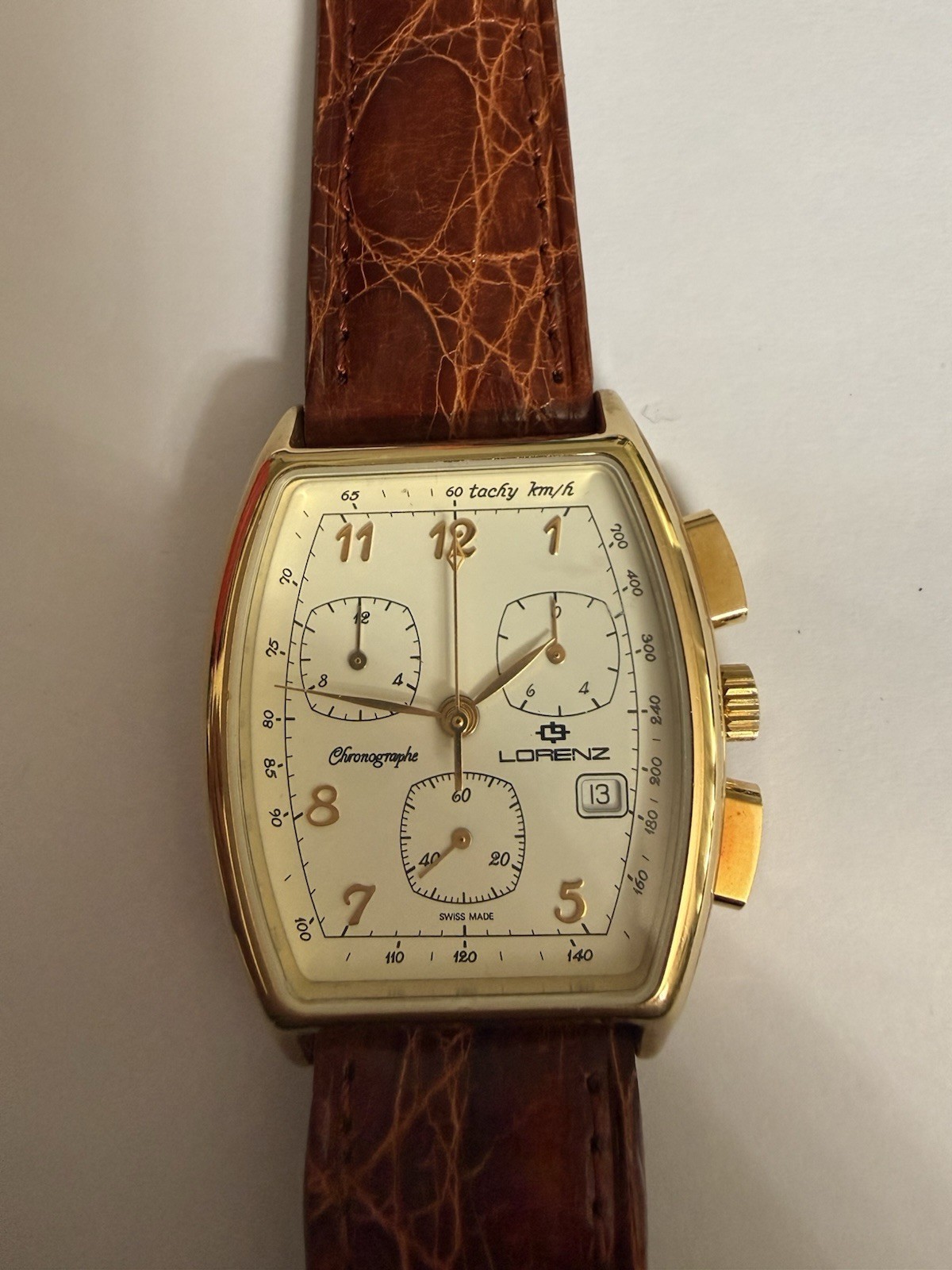 Lorenz Chronograph 15959 Quartz Chronograph Date Tonneau Gold Leather Watch