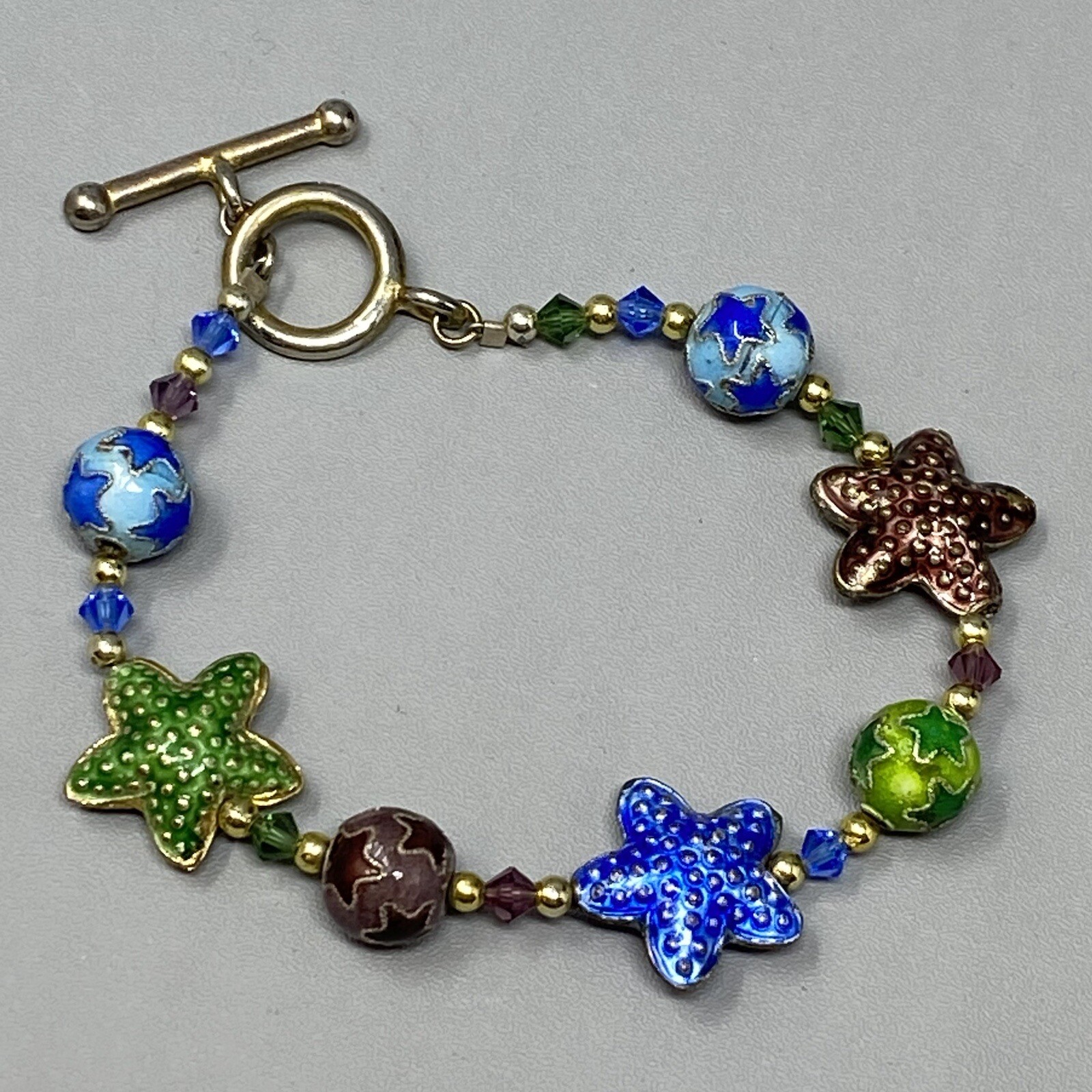 Cloisonne Enamel Bracelet Multicolor Star Shape Pattern Bead Station Crystal 6.7
